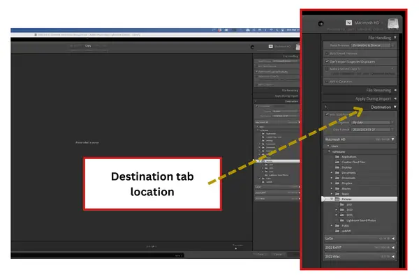The Destination tab in Lightroom